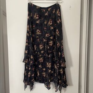 Peruvian Connection Silk Floral Skirt in Navy and Cream